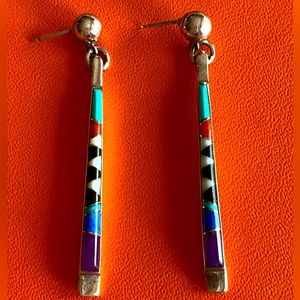 Native American Inlaid Stick Drop Dangle Inlaid Earrings 2” Silver Turquoise